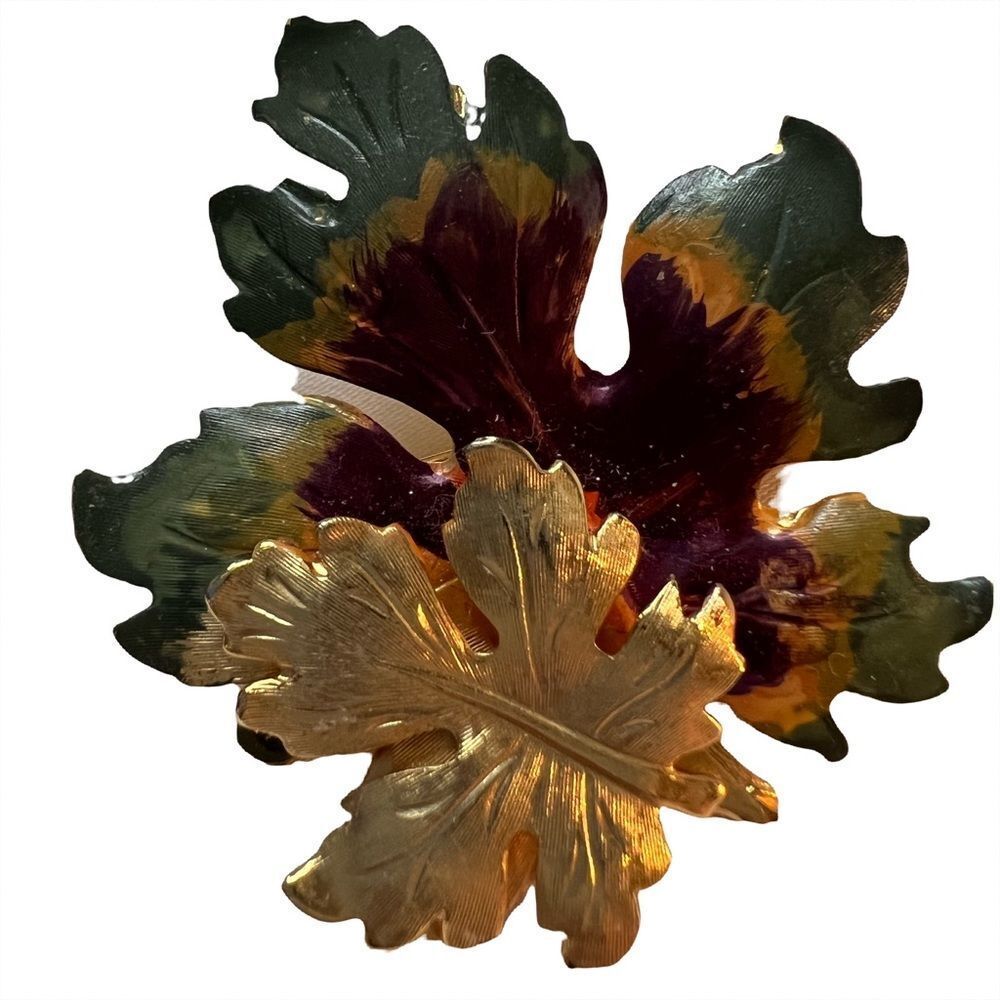 Vintage Leaf Colorful Green Burgundy Gold Tone Boho Autumn Brooch - Picture 2 of 13